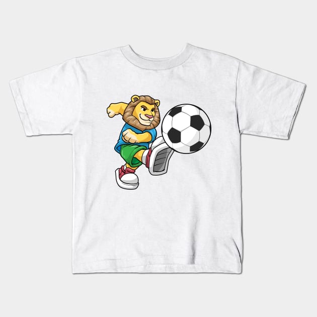 Lion as Soccer player with Soccer ball Kids T-Shirt by Markus Schnabel